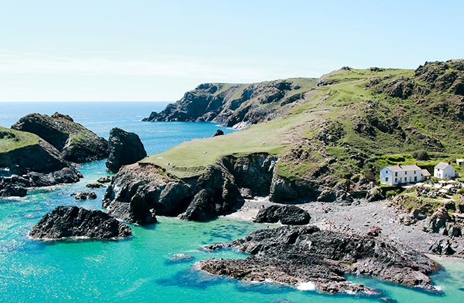 The iconic beach and cliffs at Kynance Cove on The Lizard