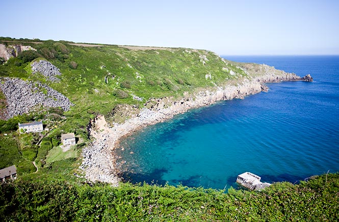 The rich blue waters and rugged cliffs at Lamorna Cove