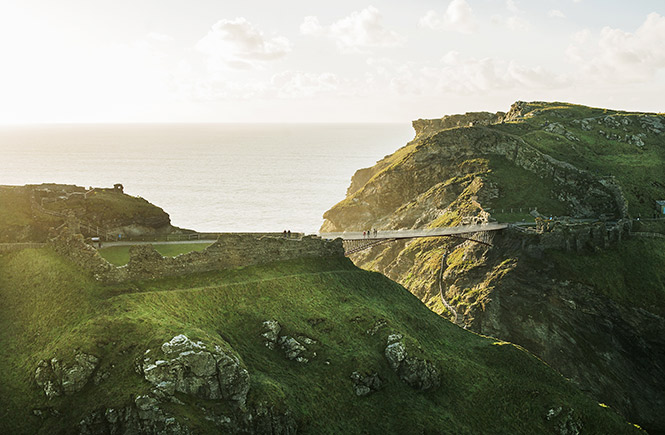 The incredible bridge at Tintagel looming over the cliffs and sea