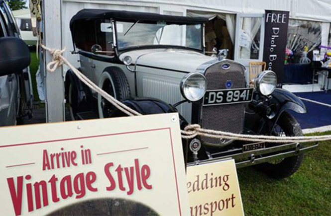 A vintage car available for weddings in the wedding marquee at Royal Cornwall Show