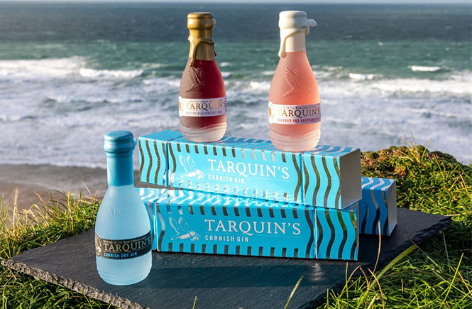 Three mini bottles of Tarquin's Cornish Gin with gift wrapping on a Cornish cliff