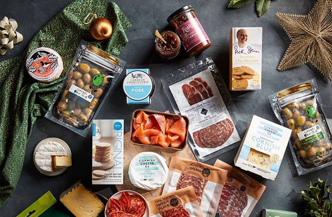 An assortment of Cornish food from one of the Christmas hampers by The Cornish Food Box Company