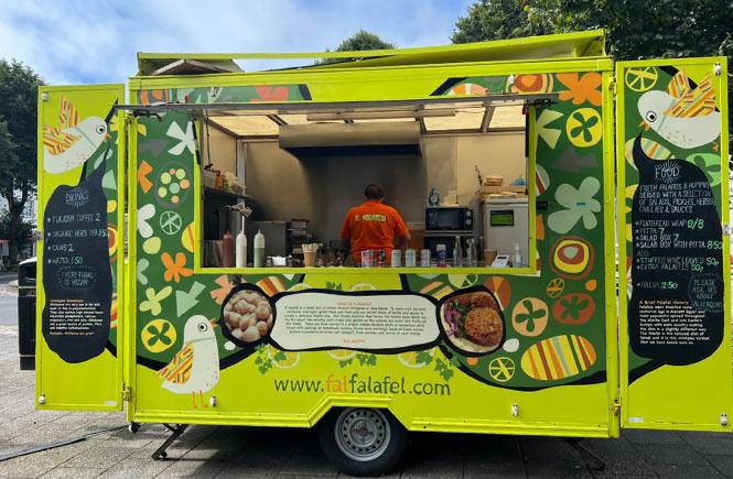 The bright green food truck Fal Falafel
