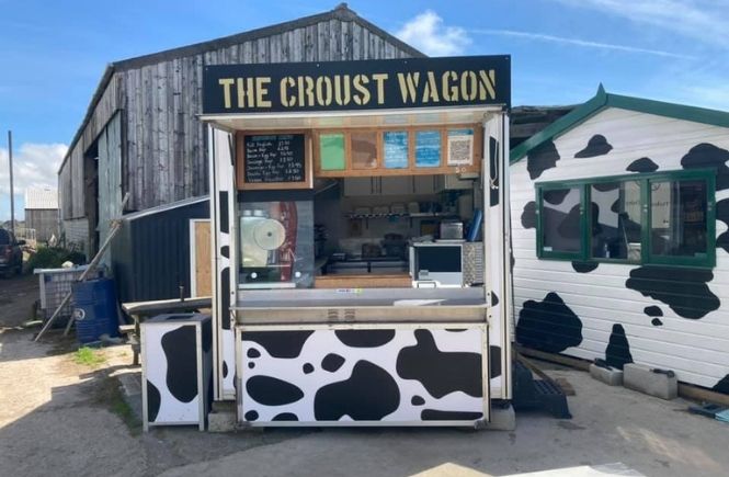 The cow printed Croust Wagon at Treleague Dairy