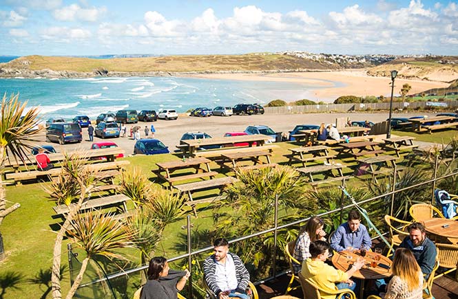 Looking out over the beer garden at Bowgie Inn at the golden sands of Crantock Beach