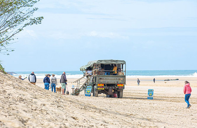 The quirky renovated Cargo Coffee truck on the beach