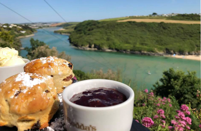 A Cornish cream tea in front of Crantock beach at Fern Pit Cafe