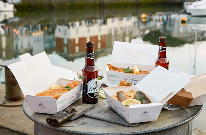 A selection of takeaway fish and chips from Rick Stein on the harbour front in Padstow