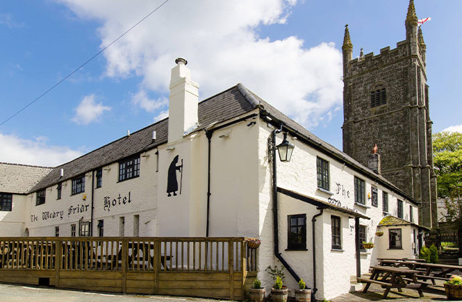 The traditional looking Weary Friar Inn, one of the oldest pubs in Cornwall