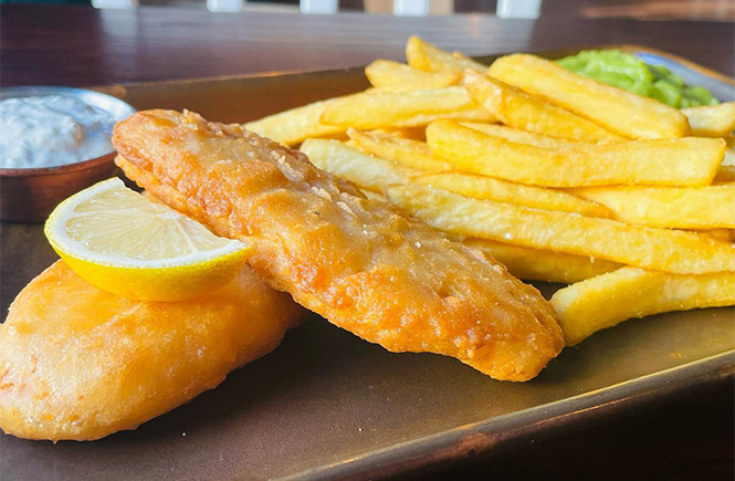 A plate of vegan fish and chips at The Cornish Vegan