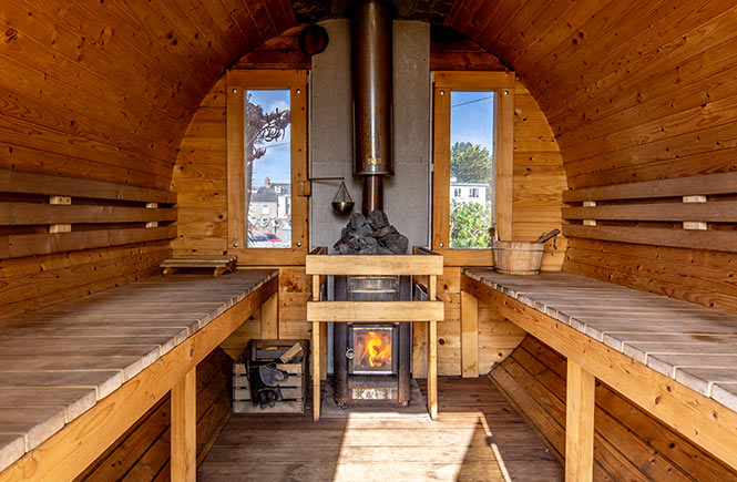 Inside Rising Embers sauna, Penzance