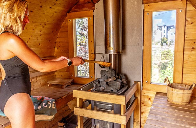 Hot coals in a woodfired sauna in Penzance