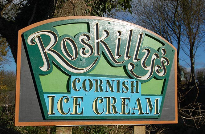A huge Roskilly's ice cream sign at Roskilly Farm