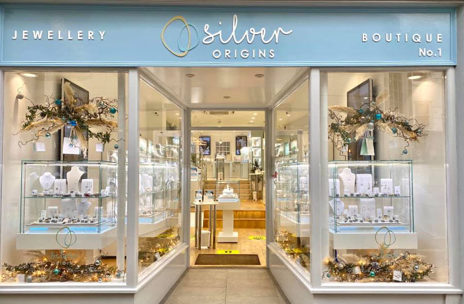 The stylish shopfront of Silver Origins, with jewellery cases within