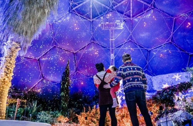 The biomes at the Eden Project all lit up for Christmas