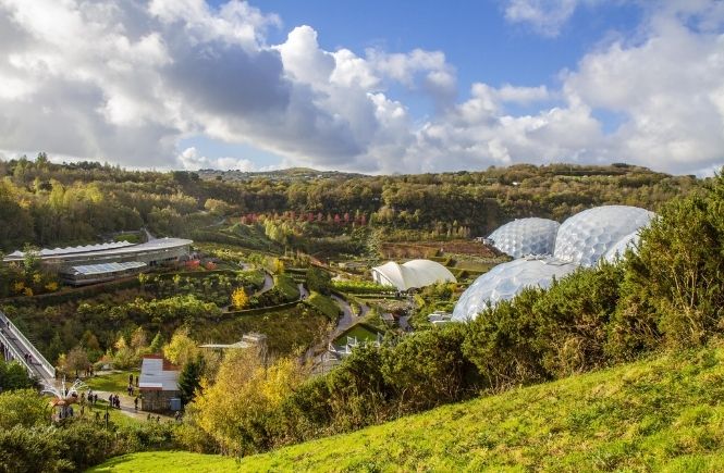 Looking across the beautiful outside gardens at the Eden Project at the incredible biomes