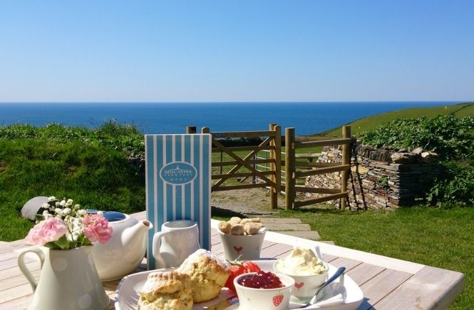 A lavish Cornish cream tea at Boscastle Farm Shop overlooking the fields towards the sea