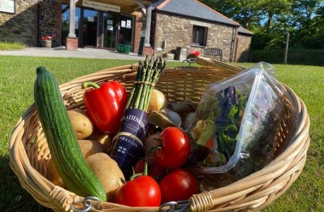 A hamper full of vegetables on the grass in front of Lobbs Farm Shop