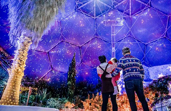 Two people looking at Christmas lights at the Eden Project