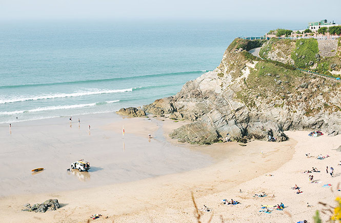 The headland and the end of the golden beach at Great Western in Newquay