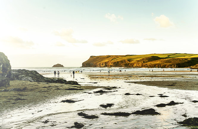 The stretching sands of Polzeath beach where people go for a Christmas Day swim