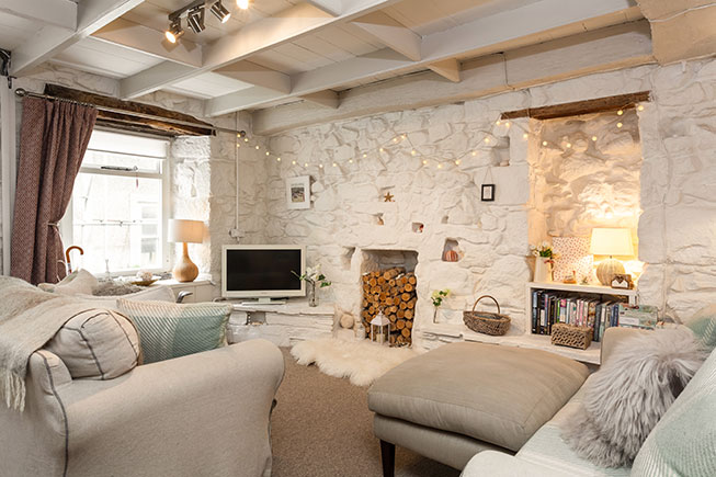 Cosy lounge at Harmony Cottage in St Ives, Cornwall