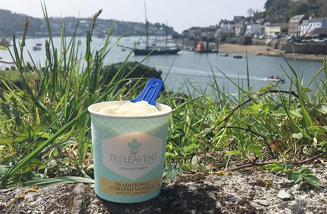 A tub of Treleavens ice cream with a Cornish harbour in the background