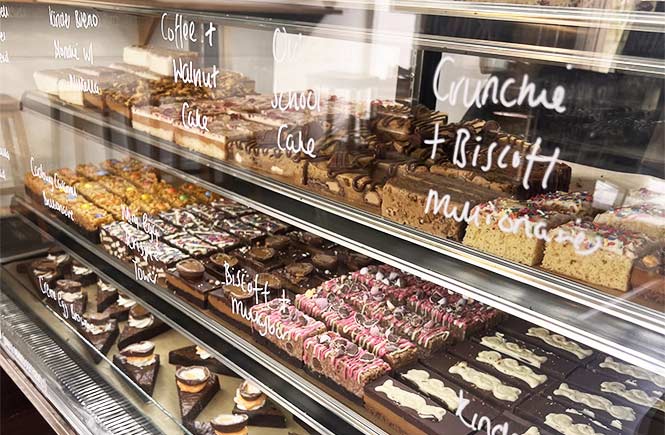 Rows and rows of brownies and fresh bakes at BakedPZ bakery in Cornwall