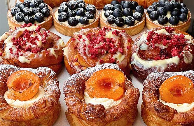 Rows of fresh pastries from Native Grain bakery in Cornwall