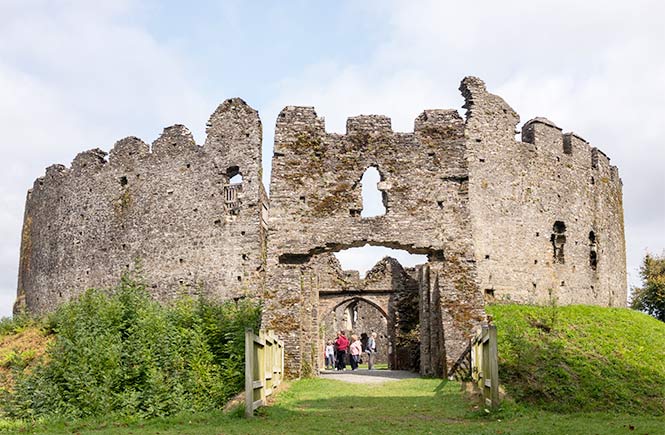 Looking up at the ancient ruins of Restormel Castle in South Cornwall