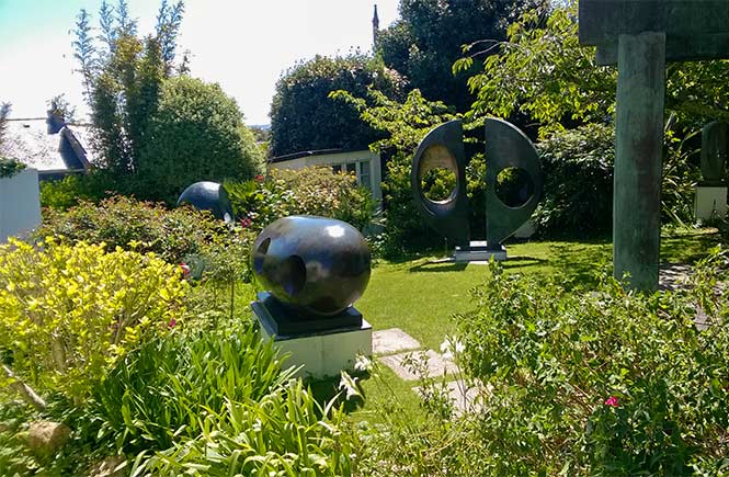 A series of sculptures in the garden at Barbara Hepworth Museum and Sculpture Garden in Cornwall
