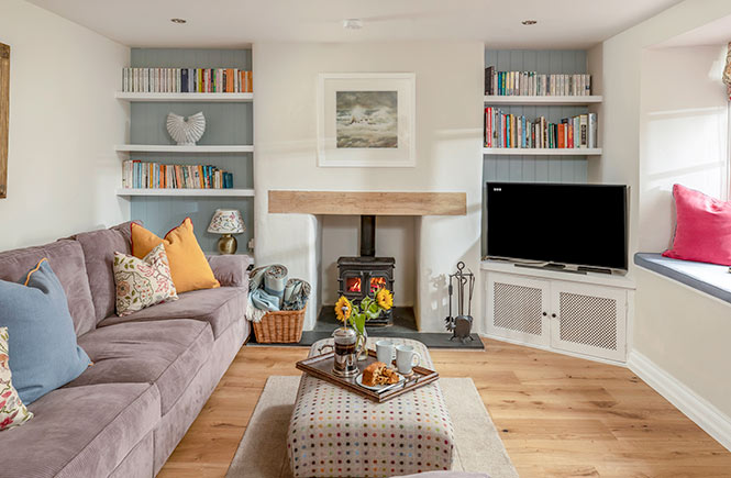 A cosy lounge features a lit woodburner and bookshelves filled with books. 