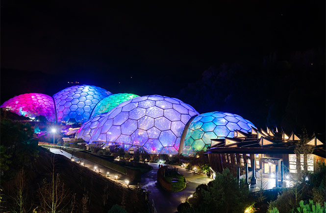 Christmas lights lighting up the biomes at the Eden Project in Cornwall