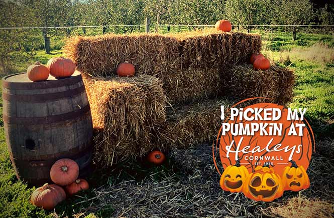 Pumpkins sit on hay bales and a wooden barrel. 