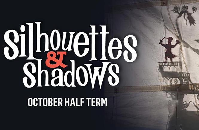 A grey and black poster advertises the show with pictures of shadows.