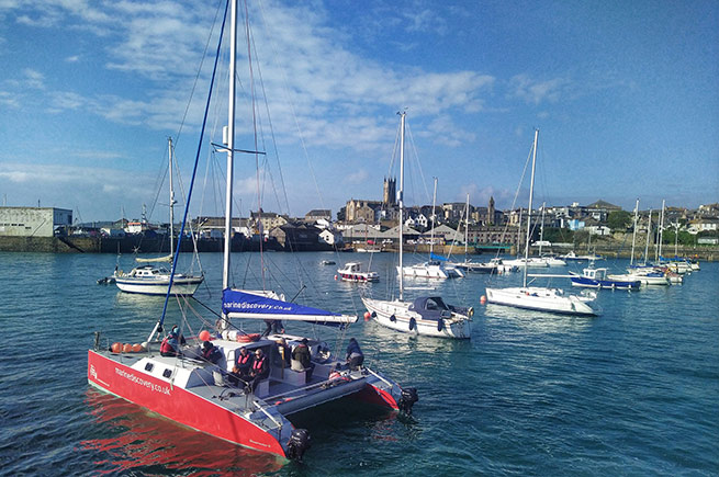 Marine Discovery's Shearwater sailing catamaran in the harbour
