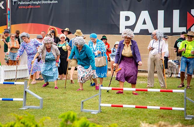 People dressed up as grannies taking on an obstacle course during the Rattler Olympics at the Little Orchard Cider & Music Festival