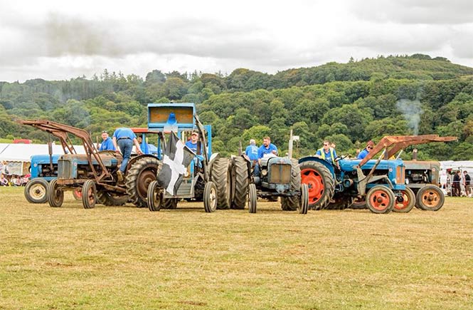 A group of tractors in a field performing organised routines at the St Mawgan Steam and Vintage Rally near Newquay