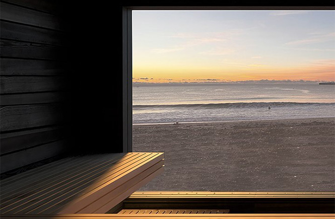 Looking out the window of the wooden sauna at Kiln at the the beach near Flushing