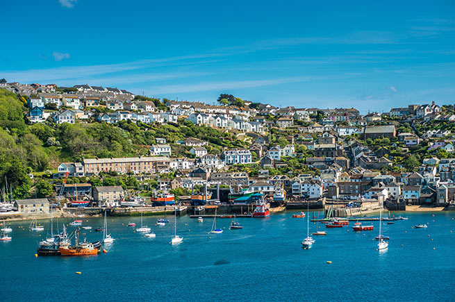 A view of Fowey with the harbour peppered with boats