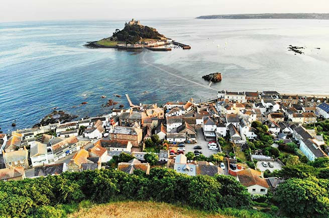 A view overlooking Marazion and St Michael's Mount, Cornwall