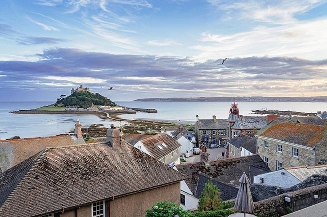 A view over the rooftop overlooking Mounts Bay and St Michael's Mount