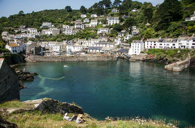 View from the coast path across Polperro Harbour in Cornwall